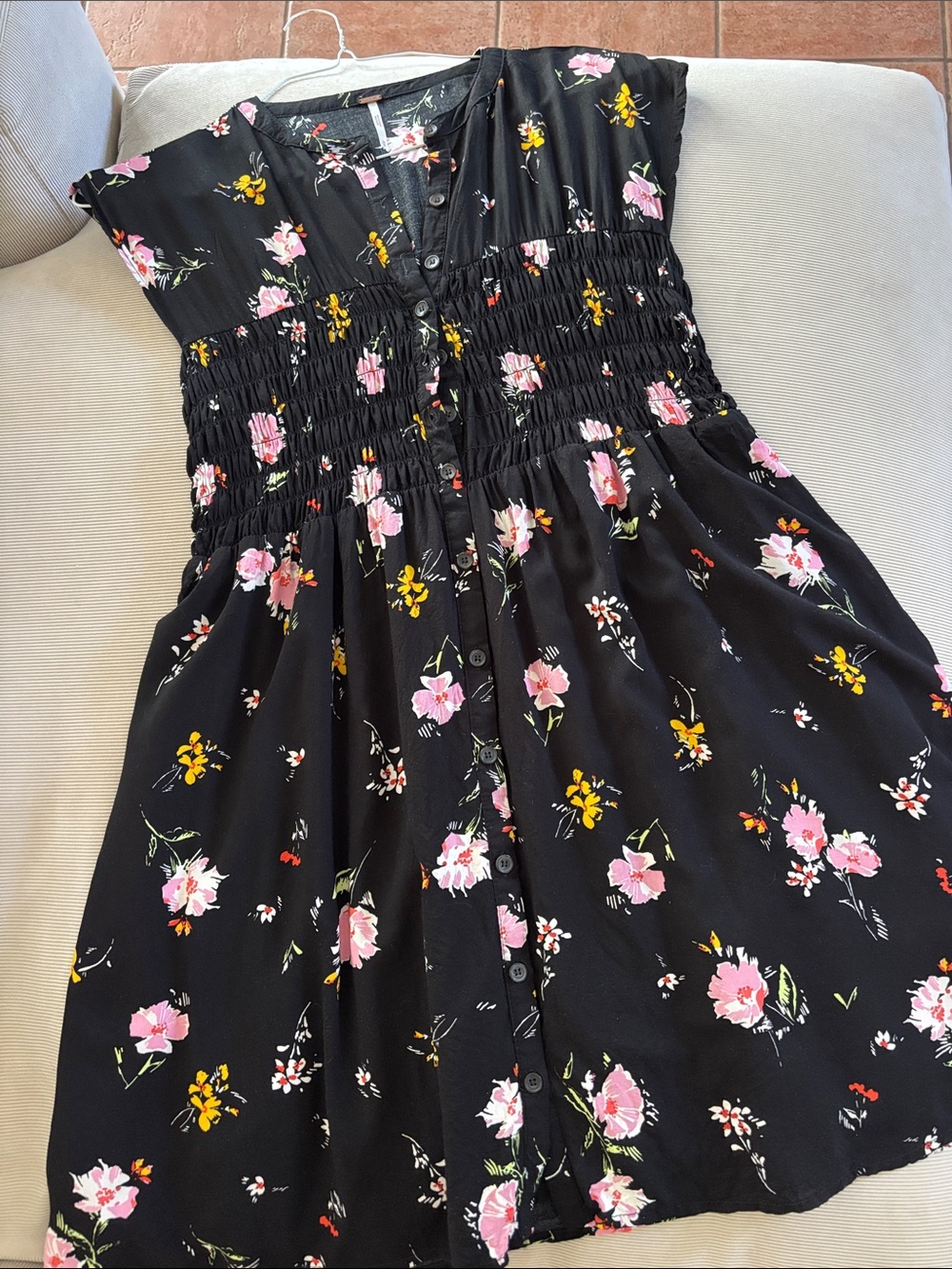 Free People Black Floral Button-Front Smocked Waist Dress